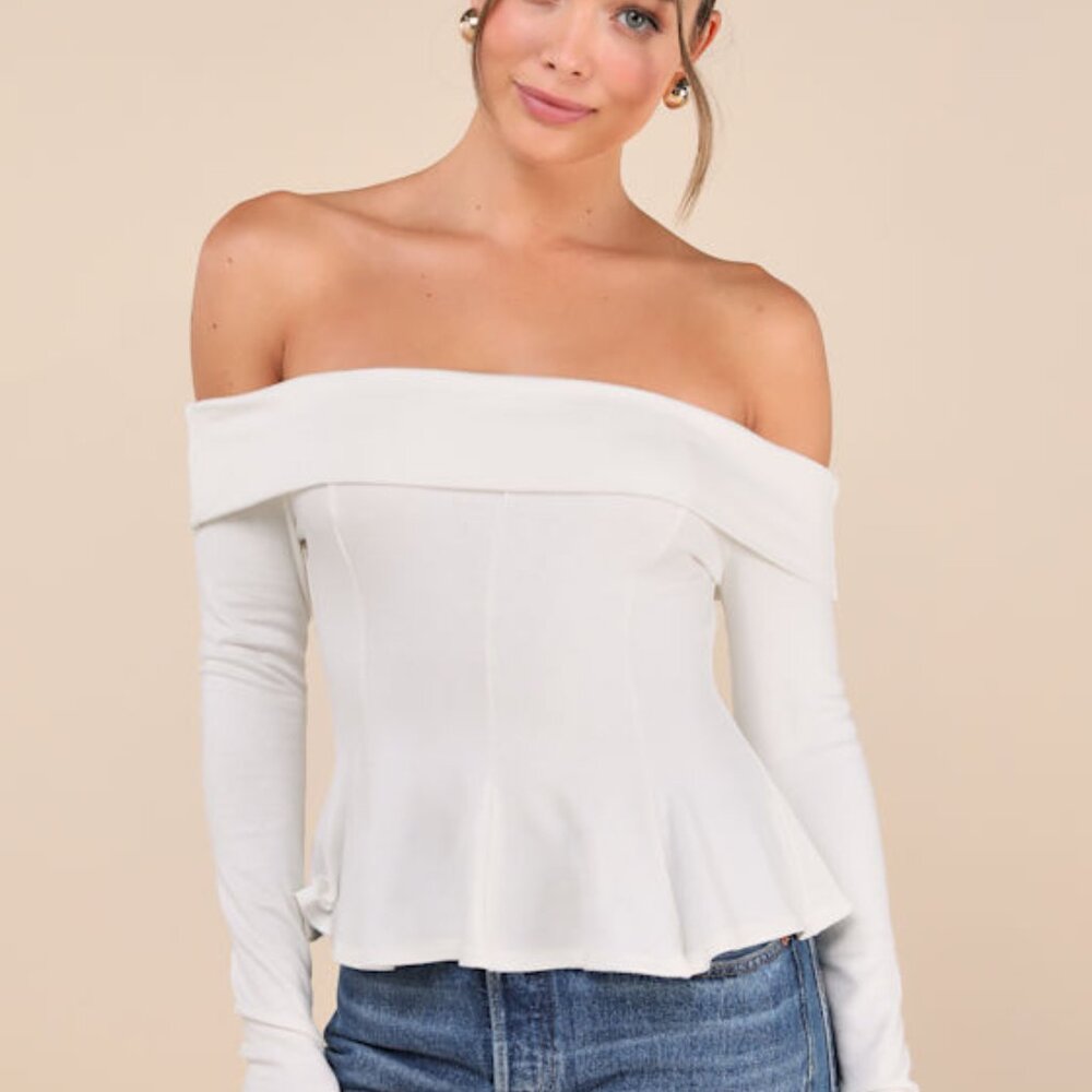 Lulus Flattering Pick Ivory Off-the-shoulder Long Sleeve Top White - Size M